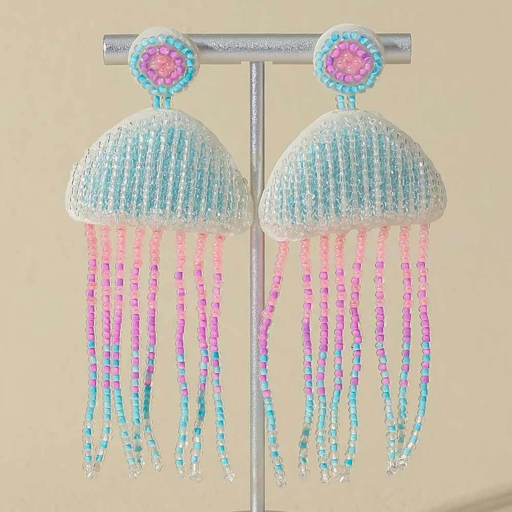 Boho Chic Jellyfish Beaded Handmade Earrings - Pink & Blue - Picture 2 of 3